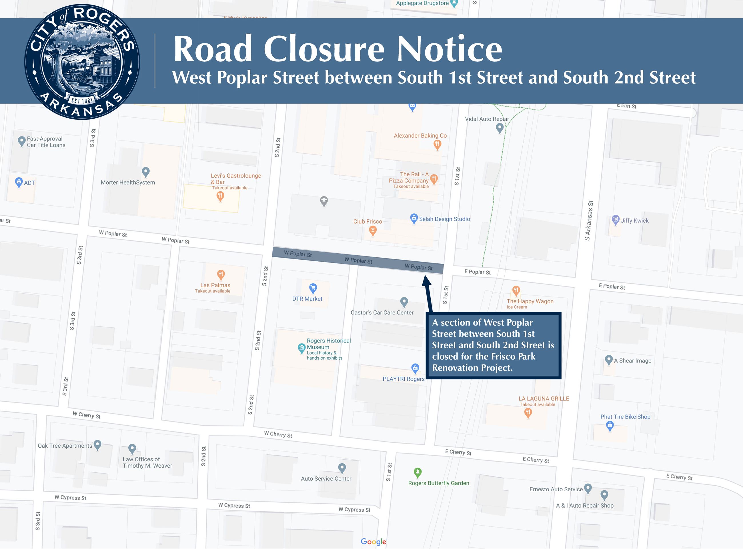 Map of West Poplar Street between 1st and 2nd Street closure